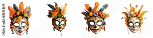 A vibrant collection of artistic skull masks adorned with feathers and flowers, perfect for celebrations and cultural events.