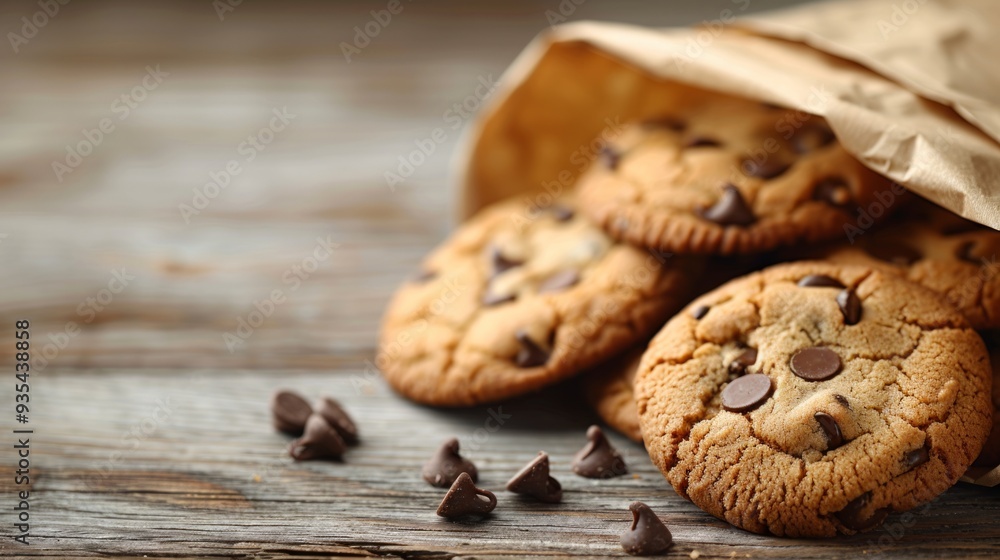 Chocolate chip cookies with copy space. Paper bag over a wooden table Chocolate chip cookies with copy space. Paper bag over a wooden table