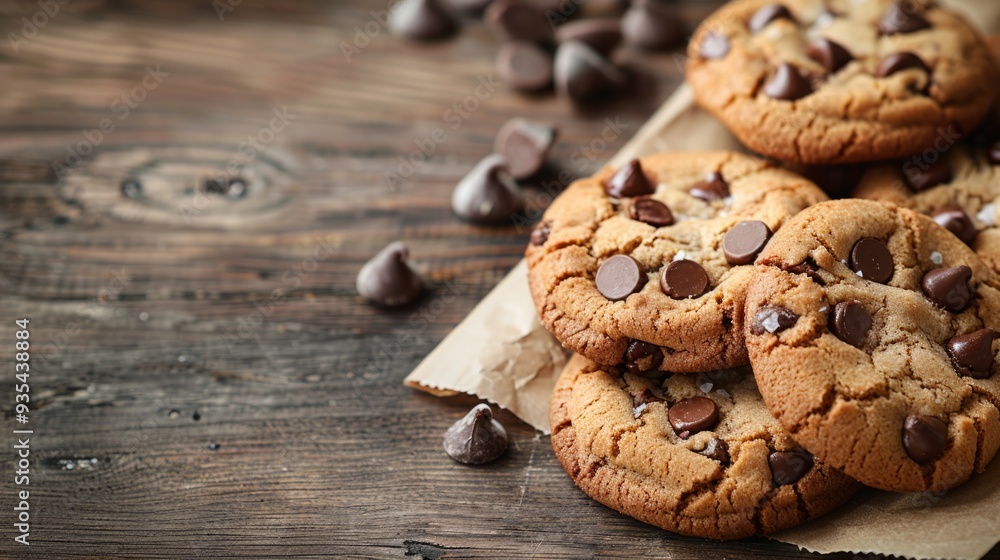 Chocolate chip cookies with copy space. Paper bag over a wooden table Chocolate chip cookies with copy space. Paper bag over a wooden table