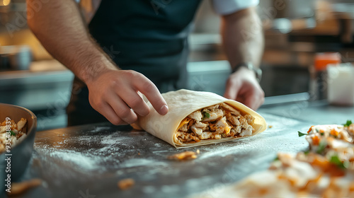 A close-up shot of a chef folding a tortilla filled with cooked chicken, fresh vegetables, and cheese into a wrap. The workspace is dusted with flour, highlighting the hands-on preparation process.