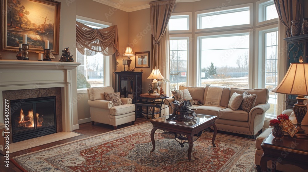 A cozy living room in a new home, with a fireplace, comfortable furniture, and personal decor A cozy living room in a new home, with a fireplace, comfortable furniture, and personal decor