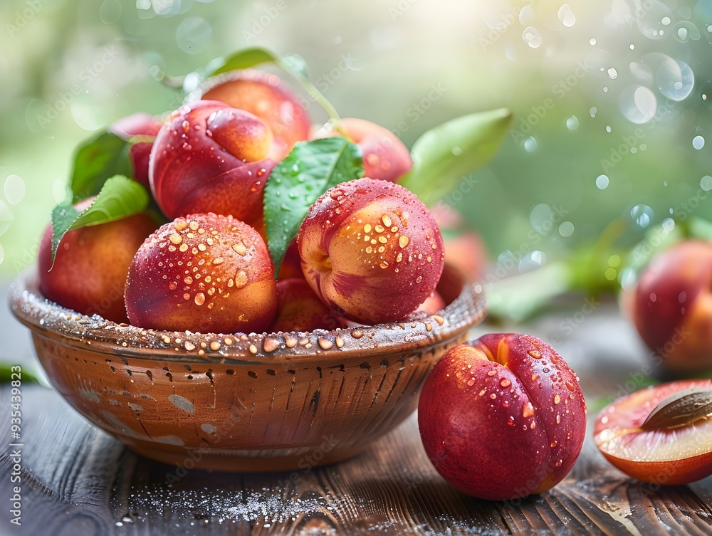 Vibrant Nectarines in Rustic Wooden Bowl on Sunlit Tabletop with Soft Focus Vibrant Nectarines in Rustic Wooden Bowl on Sunlit Tabletop with Soft Focus