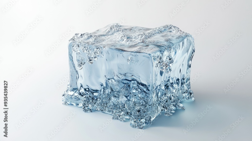 Artistic 3D image of a melting ice cube, with intricate details of the melting edges and water accumulation on a plain white background.