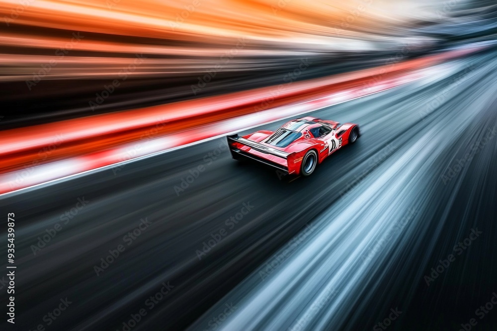 A race car zooming down a track, frozen in time with the background stretching out in a motion blur. A race car zooming down a track, frozen in time with the background stretching out in a motion blur.