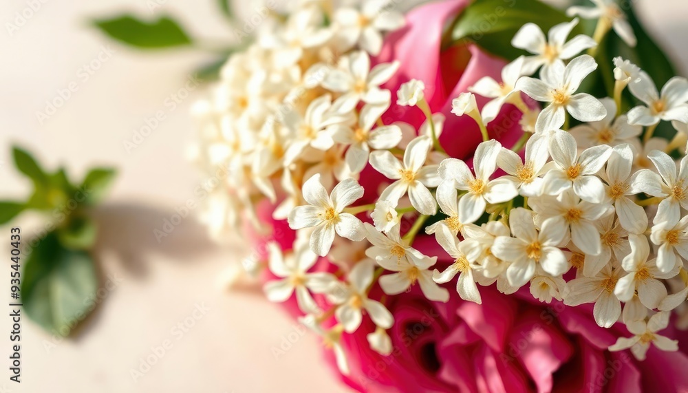 Fototapeta premium White gypsophila flowers or baby's breath flowers close up on beige background selective focus banner. Copy space. Flowers background, ai
