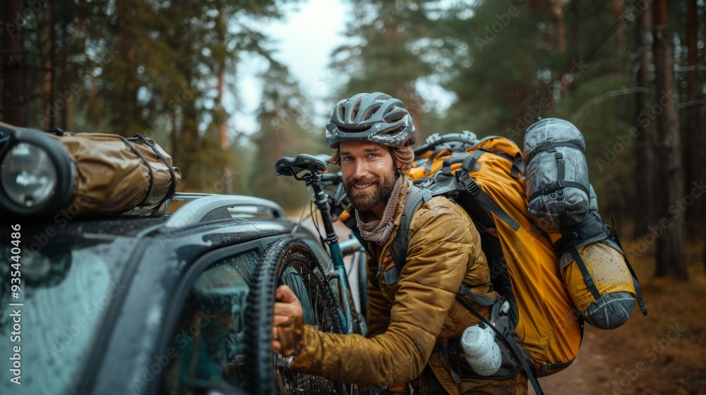 Male cyclist loading bicycle onto car rack in forest setting Male cyclist loading bicycle onto car rack in forest setting