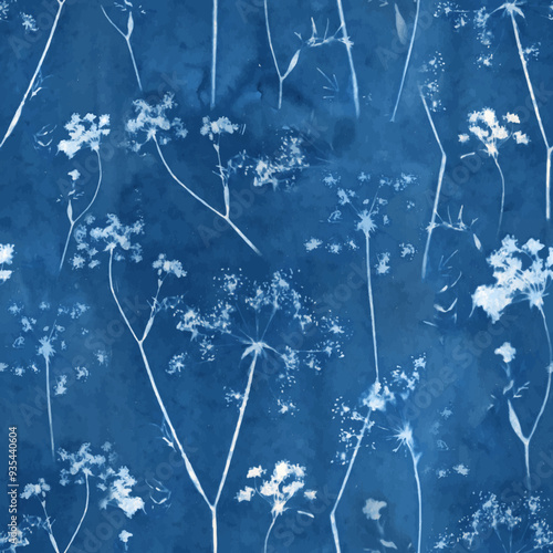 Beautiful vector floral abstract seamless pattern in cyanotype style with silhouette of flowers. Abstract handmade print design. Stock illustration.
