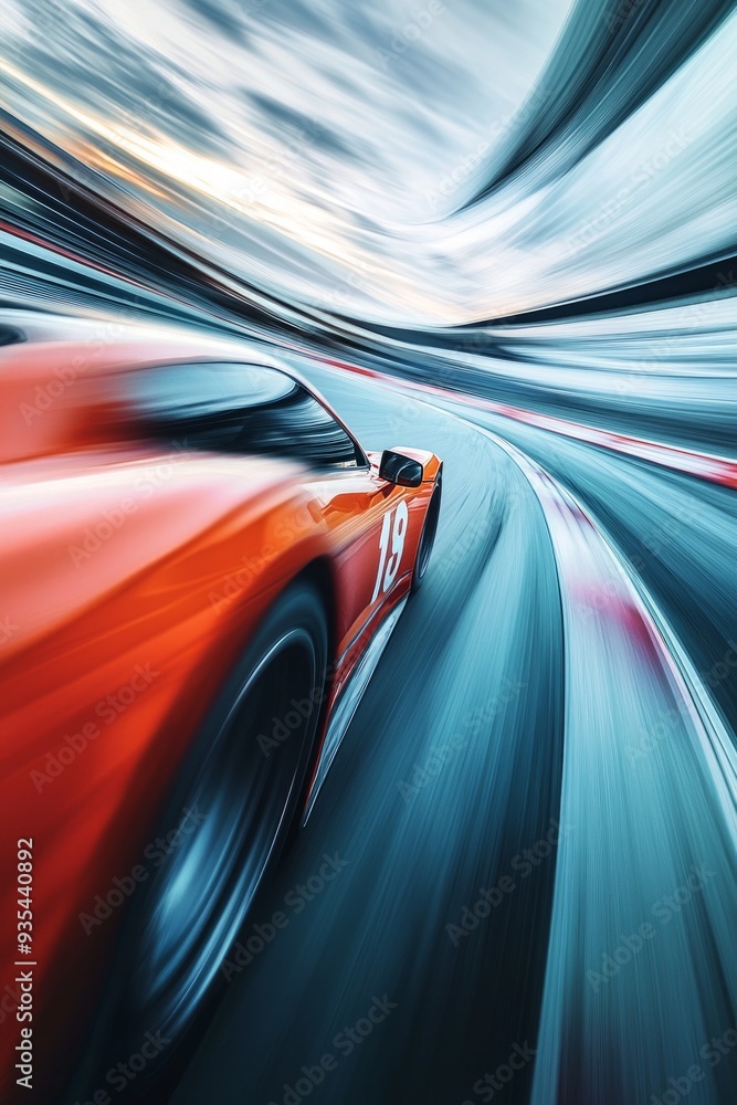 A race car zooming down a track, frozen in time with the background stretching out in a motion blur. A race car zooming down a track, frozen in time with the background stretching out in a motion blur.