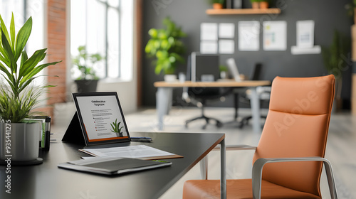 Wallpaper Mural Close-Up of Hybrid Policy Brochure on Tidy Desk, with Panoramic View of Tranquil, Unoccupied Office Space in Background. Torontodigital.ca