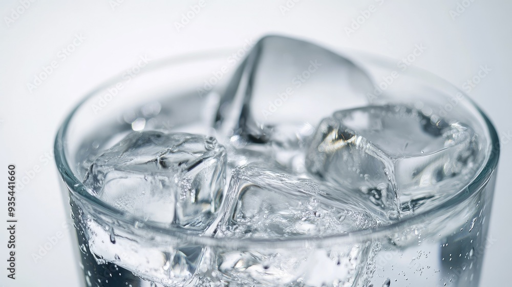 Close-up of clear ice cubes floating in water inside a glass, set against a white background, highlighting the purity and transparency. Close-up of clear ice cubes floating in water inside a glass, set against a white background, highlighting the purity and transparency.
