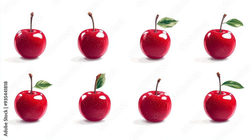 Red Cherries With Stems And Leaves Isolated On White Background Red Cherries With Stems And Leaves Isolated On White Background