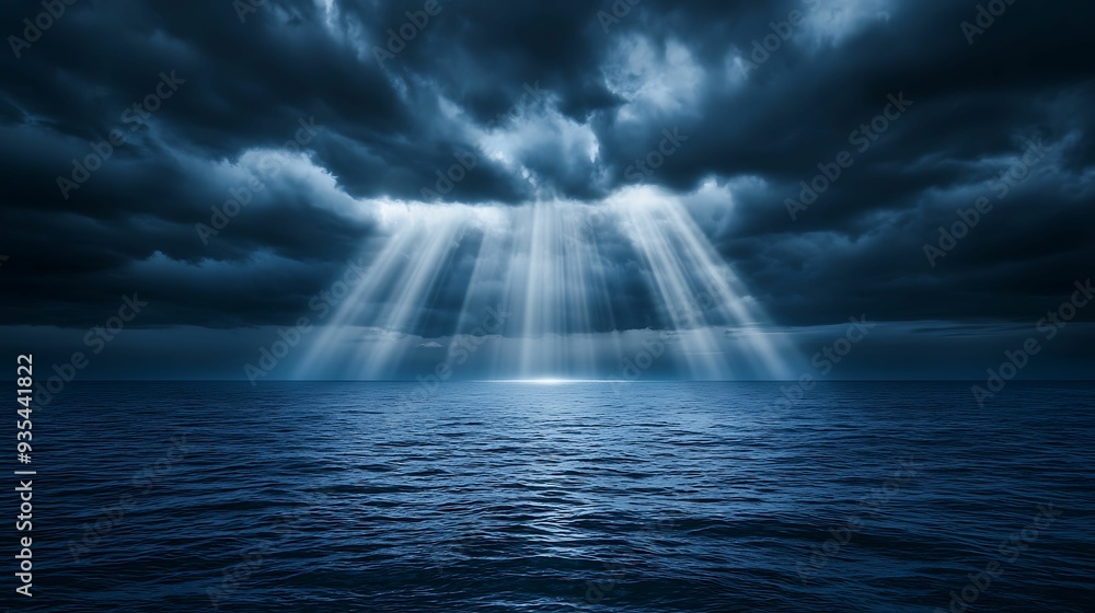 Luminous beams of sunlight breaking through storm clouds over the ocean, calm waters below, spiritual renewal, copy space for text, Luminous beams of sunlight breaking through storm clouds over the ocean, calm waters below, spiritual renewal, copy space for text,