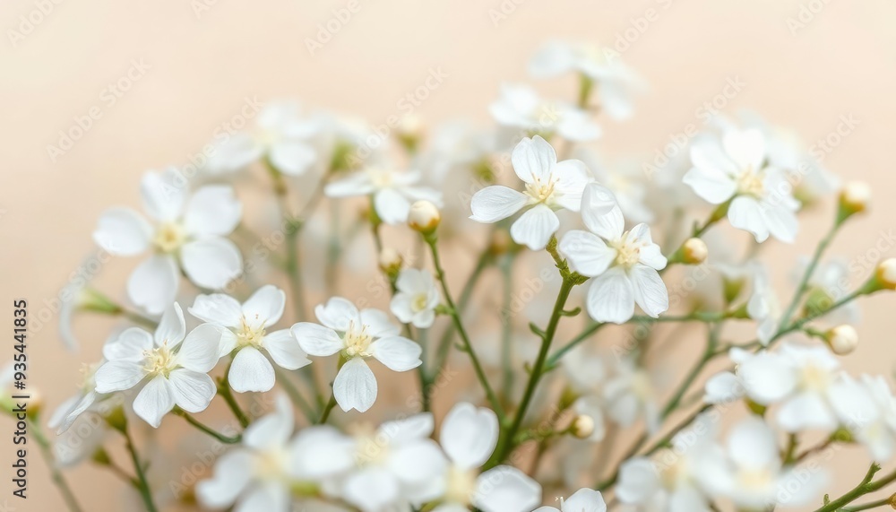 White gypsophila flowers or baby's breath flowers close up on beige background selective focus banner. Copy space. Flowers background, ai White gypsophila flowers or baby's breath flowers close up on beige background selective focus banner. Copy space. Flowers background, ai