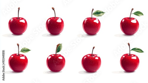 Red Cherries With Stems And Leaves Isolated On White Background