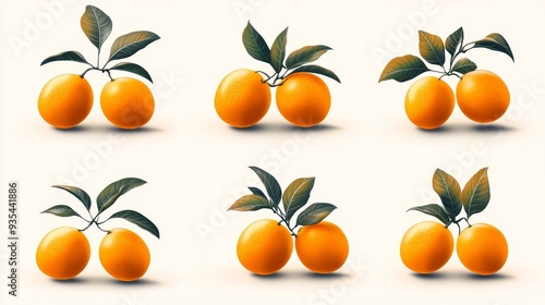 Fresh Oranges with Green Leaves on White Background