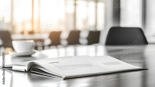 Close-Up of Hybrid Policy Brochure on Tidy Desk, with Panoramic View of Tranquil, Unoccupied Office Space in Background. photo