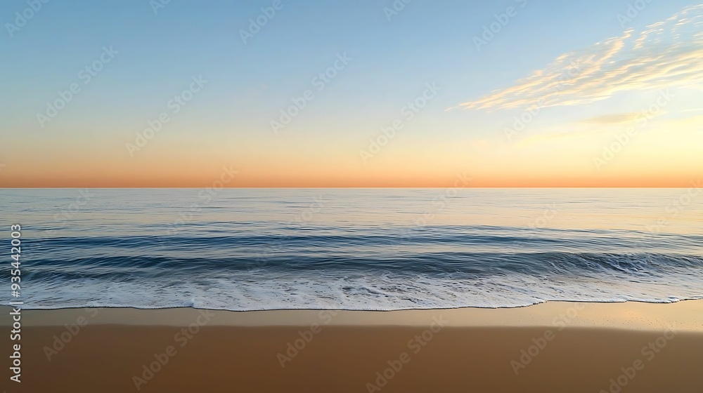 Obraz premium Golden light streaming over a calm sea at dawn, gentle waves reflecting the sky, spiritual peace, copy space for text,