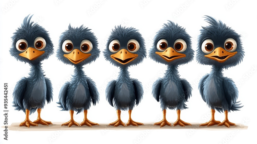 Fototapeta premium Cute Cartoon Birds with Big Eyes Standing in a Row