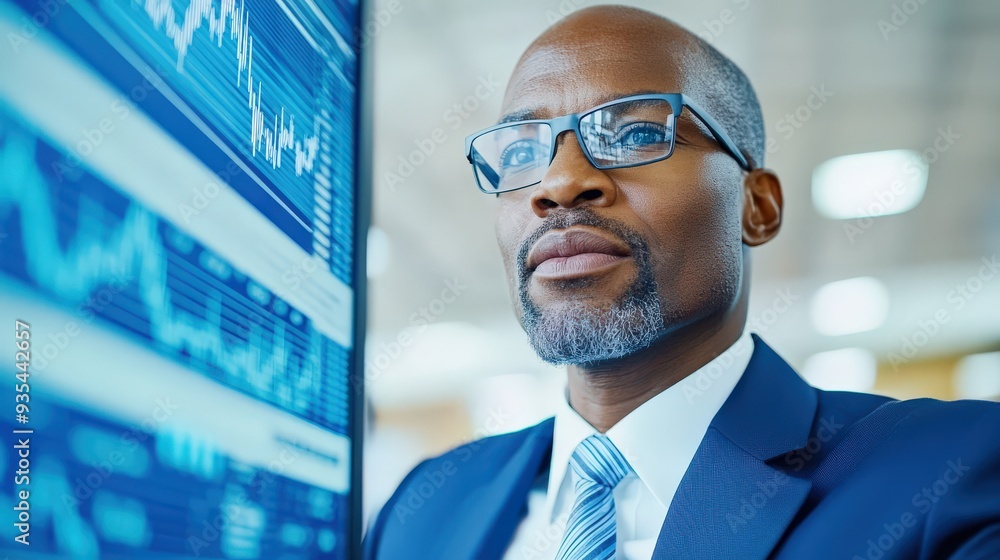 A focused businessman analyzes financial data on a screen, showcasing professionalism and technology in the corporate world. A focused businessman analyzes financial data on a screen, showcasing professionalism and technology in the corporate world.
