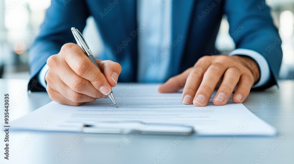 A professional businessman signing important documents in a modern office environment, conveying professionalism and diligence. A professional businessman signing important documents in a modern office environment, conveying professionalism and diligence.