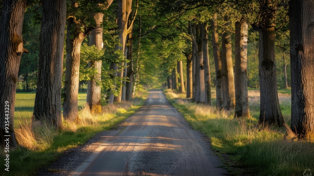 Naklejka premium A quiet country road lined with tall trees, casting dappled shadows on the sunlit path