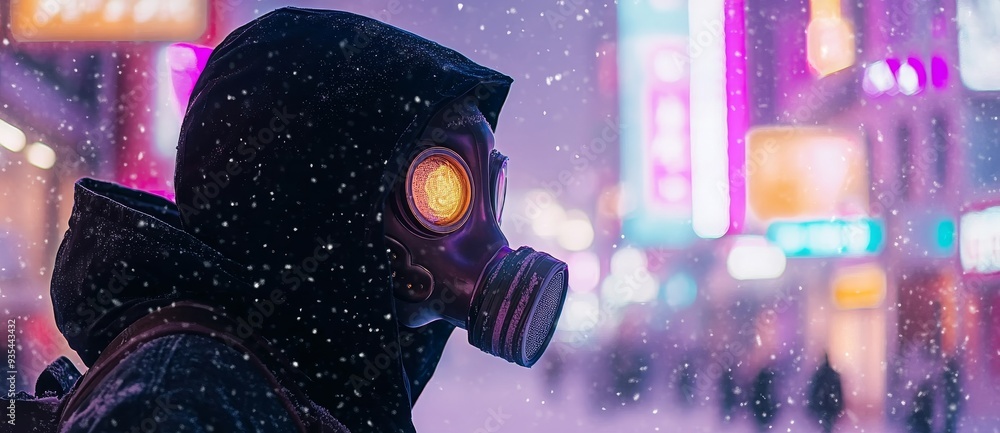 An illustration of a future cyberpunk girl wearing a gas mask and green glasses on a nighttime street in the future. An illustration of a future cyberpunk girl wearing a gas mask and green glasses on a nighttime street in the future.