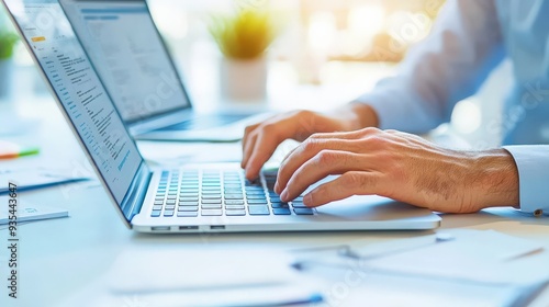 Close-up of hands typing on a laptop in a bright workspace, symbolizing productivity and modern technology.