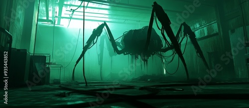 Apocalyptic future with military robots destroying ruinous buildings. Stock photo.