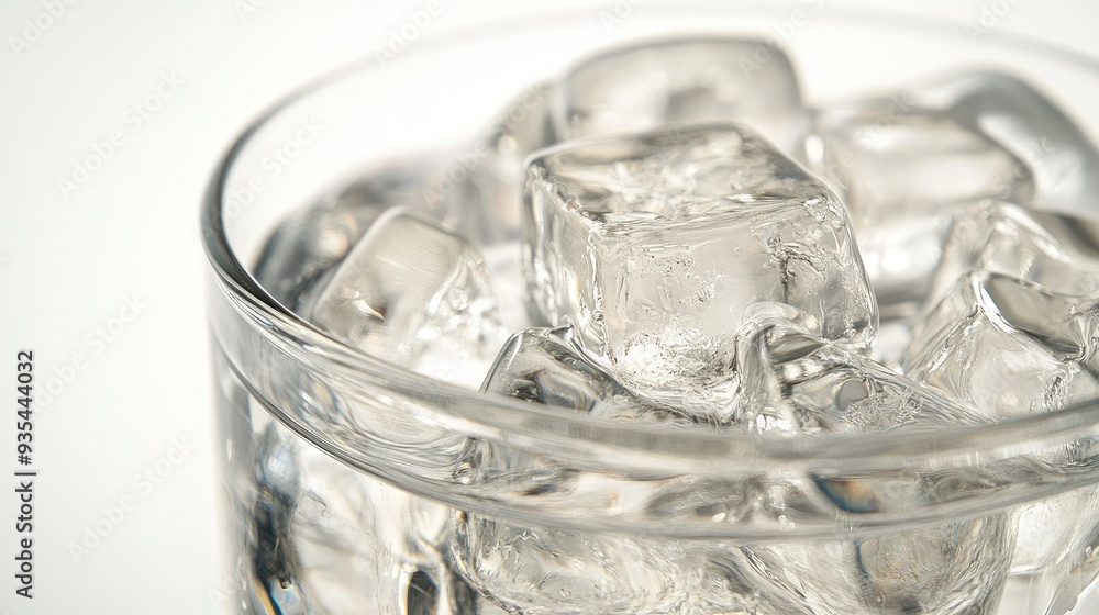 Elegant close-up of clear ice cubes in a glass with water, positioned against a white background to highlight the crisp and clean appearance. Elegant close-up of clear ice cubes in a glass with water, positioned against a white background to highlight the crisp and clean appearance.