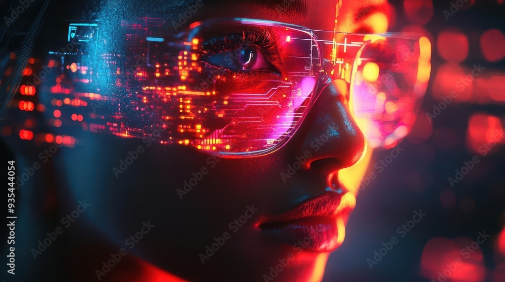 futuristic woman immersed in virtual reality neon circuits flowing around her form blending the physical and digital worlds in a cyberpunkinspired dreamscape futuristic woman immersed in virtual reality neon circuits flowing around her form blending the physical and digital worlds in a cyberpunkinspired dreamscape