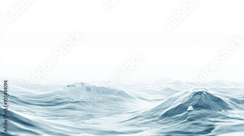 Elegant close-up of crystal-clear water waves against a stark white background, highlighting the gentle undulations and purity.