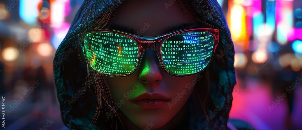 An image of a cyberpunk female hacker wearing a hoodie and sunglasses on a neon background. Stock photo. An image of a cyberpunk female hacker wearing a hoodie and sunglasses on a neon background. Stock photo.