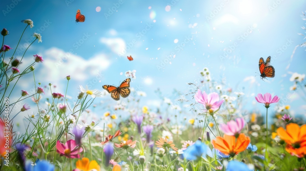 A sunlit field of blooming wildflowers, with butterflies fluttering and a clear blue sky in the background A sunlit field of blooming wildflowers, with butterflies fluttering and a clear blue sky in the background