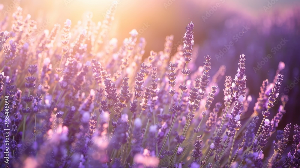 A sunlit field of lavender in full bloom, with a soft breeze carrying the scent through the air A sunlit field of lavender in full bloom, with a soft breeze carrying the scent through the air