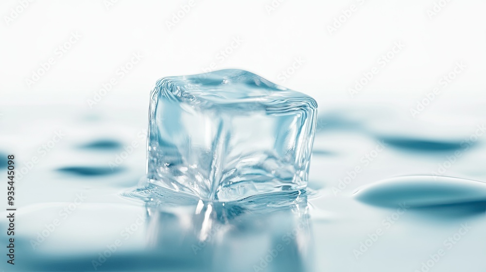 Minimalist close-up of a melting ice cube in 3D, with the focus on the translucent ice and water, positioned on a clean white background. Minimalist close-up of a melting ice cube in 3D, with the focus on the translucent ice and water, positioned on a clean white background.
