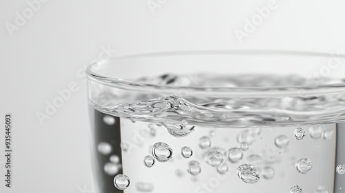 Minimalist close-up of a glass of water with evaporating droplets on its surface, shown in 3D, with a white background emphasizing the delicate changes.