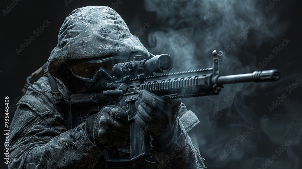 Special forces soldier aiming rifle in smoky atmosphere Special forces soldier aiming rifle in smoky atmosphere
