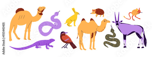 Set of desert animals in flat style. Summer, desert, animals. Hand drawn vector illustration.