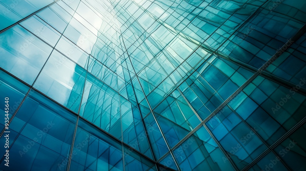 Fototapeta premium Against a background of abstract blue glass walls, a glass wall building features a futuristic concrete floor design.