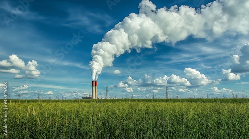 A red industrial pipe releasing white smoke into the sky, located in a rural field, illustrating industrial pollution in a natural setting.
