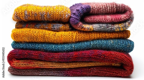 Colorful stack of knitted clothing isolated on white background