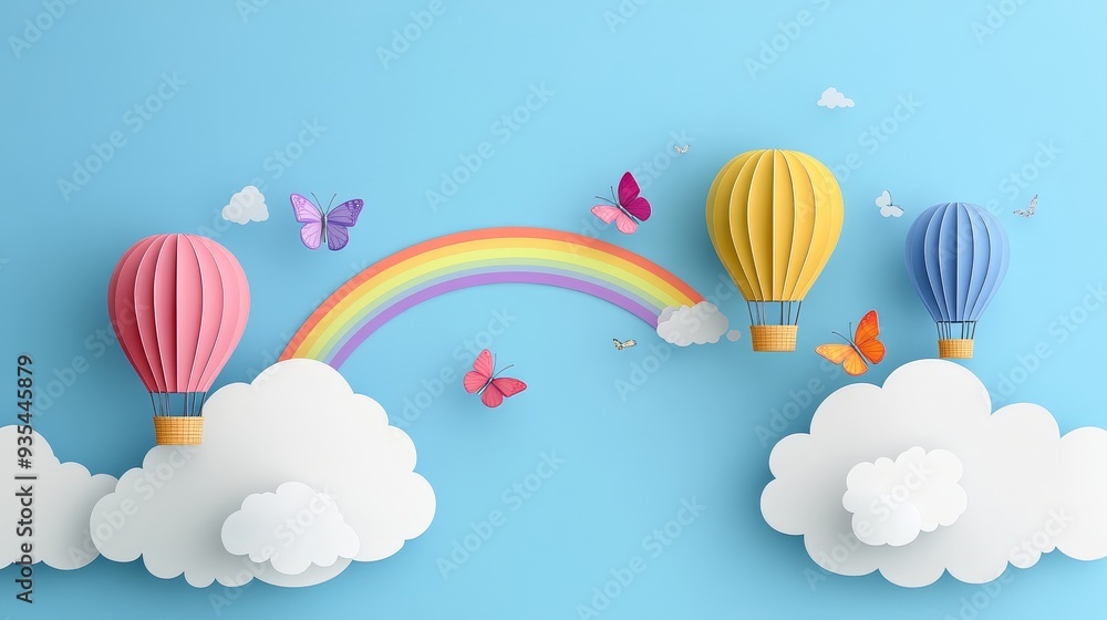 Fototapeta premium A vivid paper cut sky with clouds, a hot air balloon, and a rainbow landscape background.