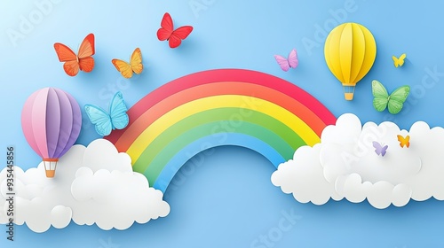 An energetic, colorful paper cut sky with clouds and a hot air balloon with a rainbow landscape background. photo