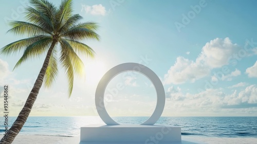 A 3D rendering of a podium pedestal on a tropical beach.
