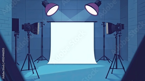 Minimalist graphic of a photographeras studio setup, featuring lights, a camera on a tripod, and a plain backdrop, in a clean, simple style. photo