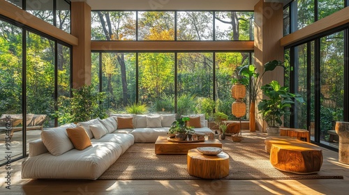 lightfilled modern sunroom with floortoceiling windows lush garden views and contemporary furnishings on elegant stone patio photo