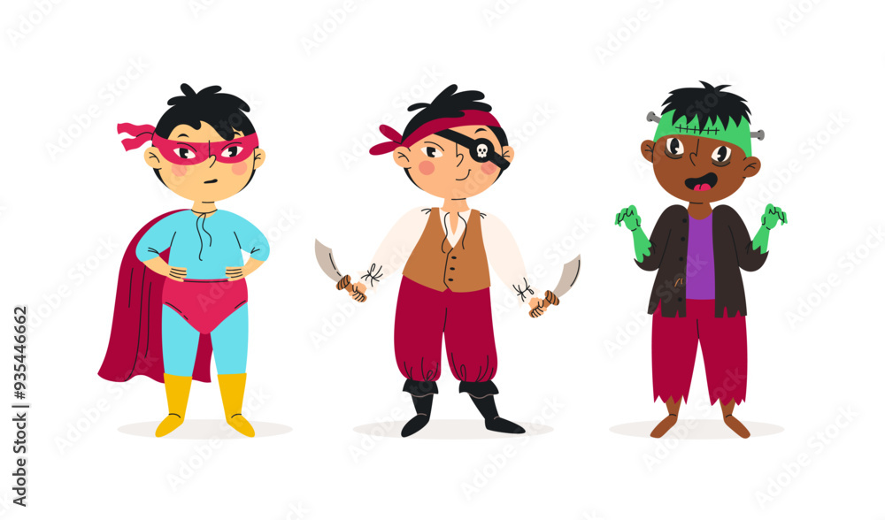 Set of funny boys in halloween costumes. Vector illustration. Happy and cute carnival kids. Pirate, frankenstein and super hero. Characters design. For stickers, kids design, holiday banners Set of funny boys in halloween costumes. Vector illustration. Happy and cute carnival kids. Pirate, frankenstein and super hero. Characters design. For stickers, kids design, holiday banners