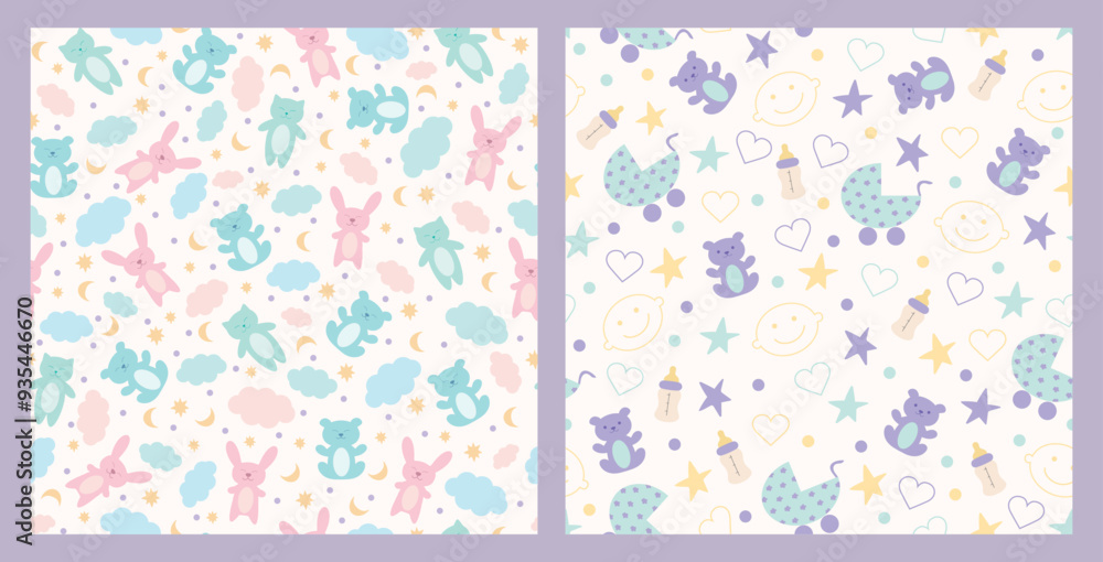 Baby seamless pattern for decoration, nursery, blankets, gifts, baby shower greetings. Cute teddy bears, cats and bunnies, stars and crescent Baby seamless pattern for decoration, nursery, blankets, gifts, baby shower greetings. Cute teddy bears, cats and bunnies, stars and crescent