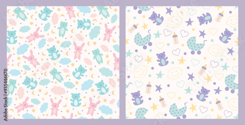 Baby seamless pattern for decoration, nursery, blankets, gifts, baby shower greetings. Cute teddy bears, cats and bunnies, stars and crescent