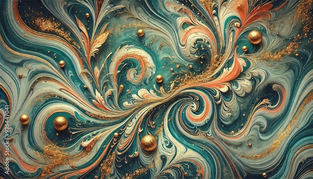 Luxurious Marbling Background. Paint Swirls in Beautiful Teal and Orange Colors, with Gold Powder. Generative AI Luxurious Marbling Background. Paint Swirls in Beautiful Teal and Orange Colors, with Gold Powder. Generative AI